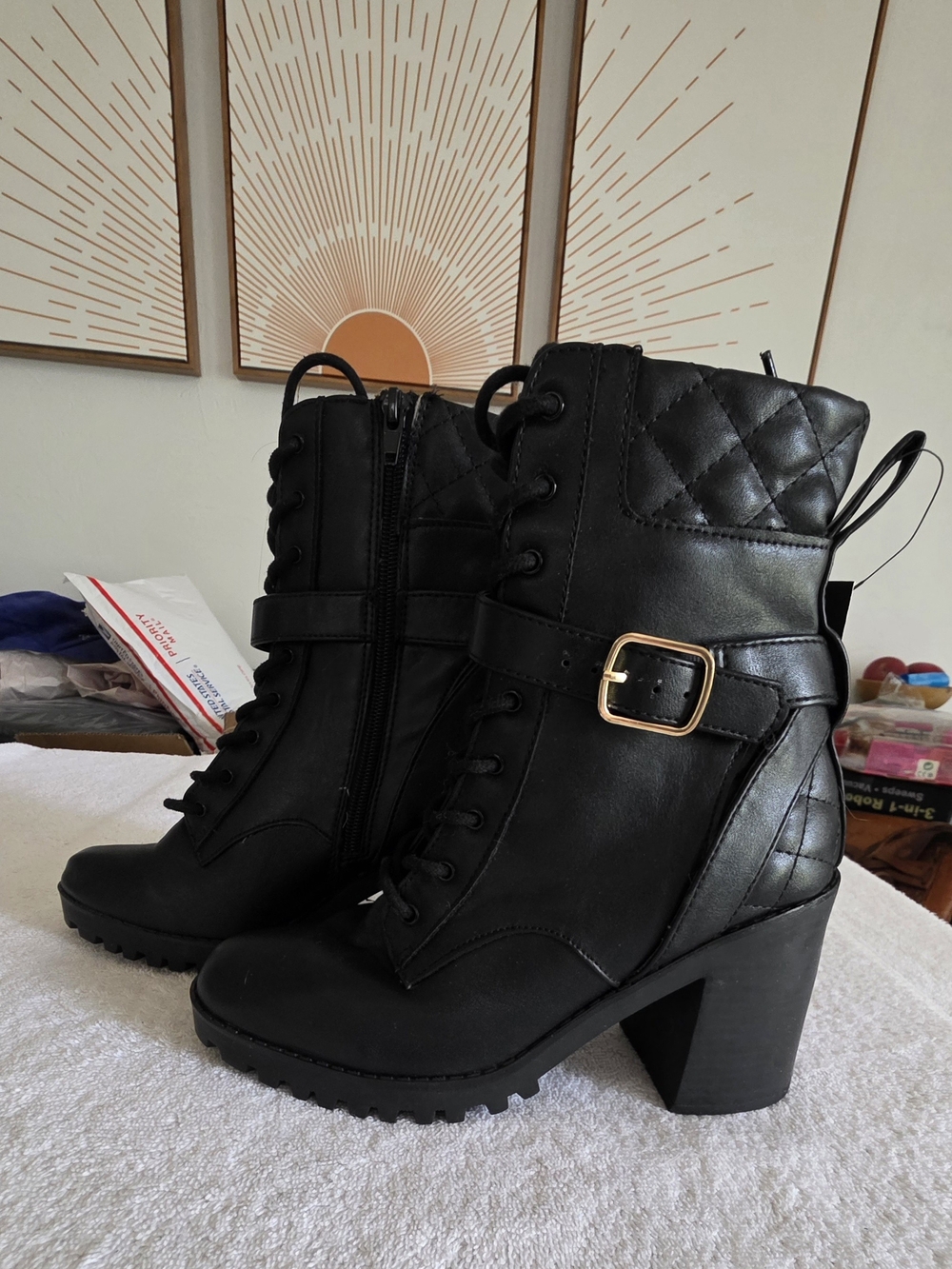 NWT Express Black Mid-Ankle Lug Combat Boots Quilted Block Heel - Size 6